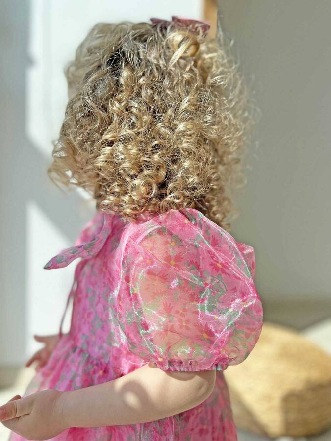 Fuşya Balon Kol Fiyonklu Kısa Kol Kız Çocuk Organze Elbise - Thumbnail