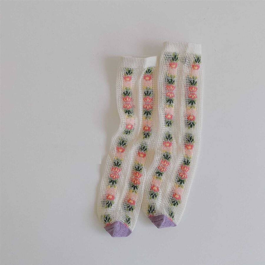 SUM211 - Pembe Çiçekli Tül Çorap