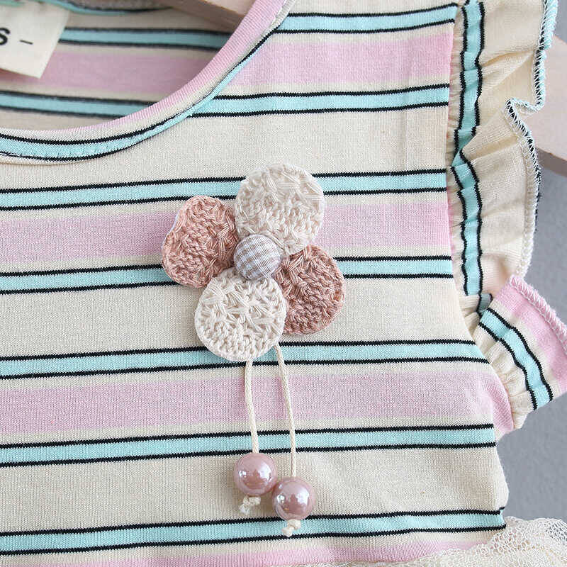 Pembe Çizgili Çiçek Detaylı Tül Elbise - Thumbnail