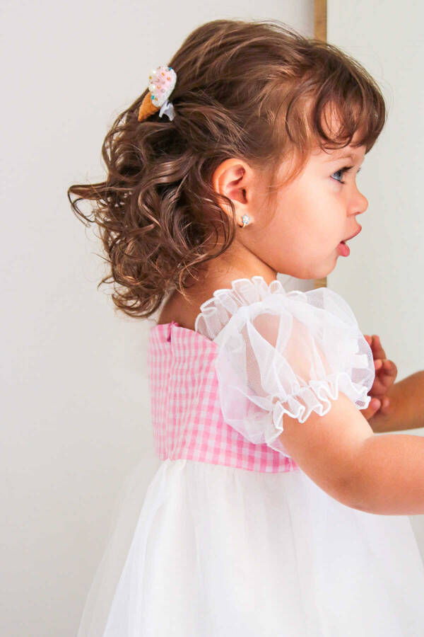 SSY22 - Pembe Ekoseli Kız Çocuk Tül Elbise