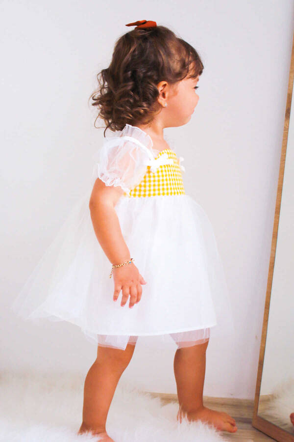 SSY22 - Sarı Ekoseli Kız Çocuk Tül Elbise (1)