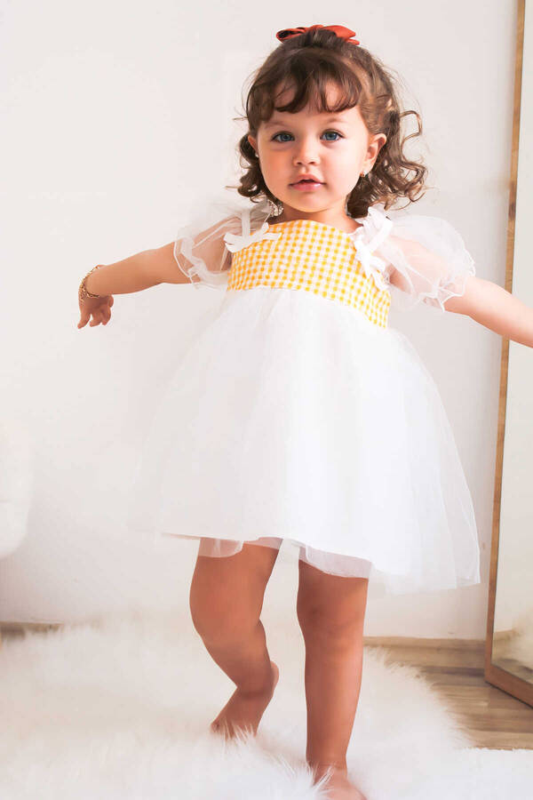 SSY22 - Sarı Ekoseli Kız Çocuk Tül Elbise