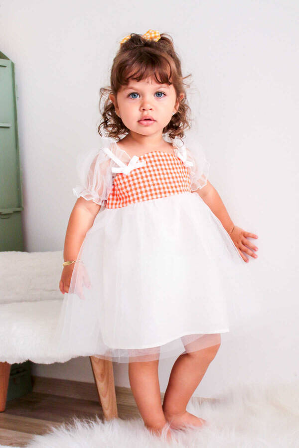 SSY22 - Turuncu Ekoseli Kız Çocuk Tül Elbise (1)