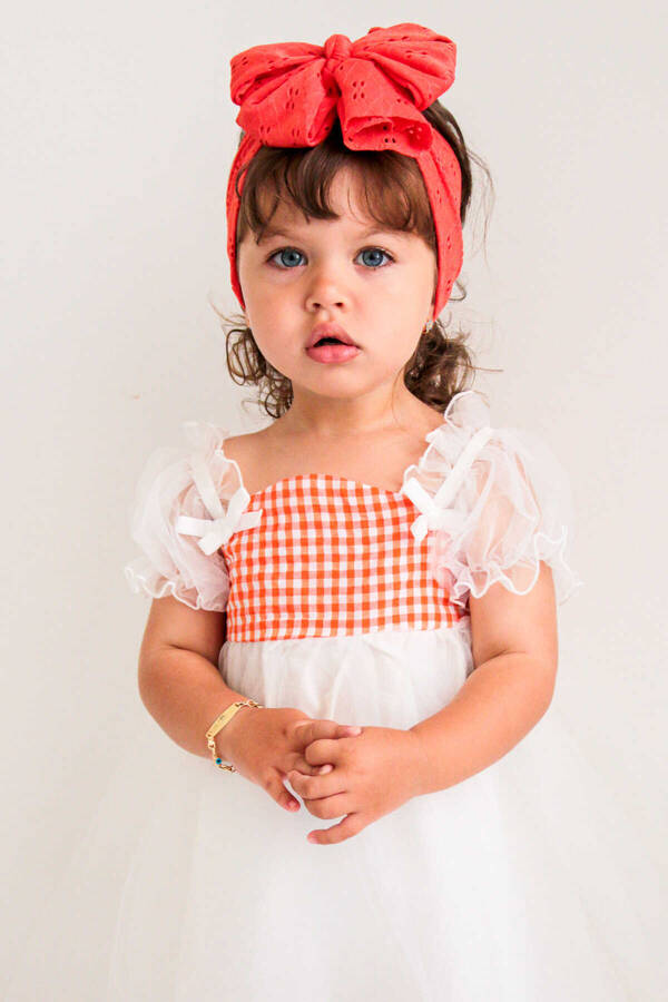 SSY22 - Turuncu Ekoseli Kız Çocuk Tül Elbise