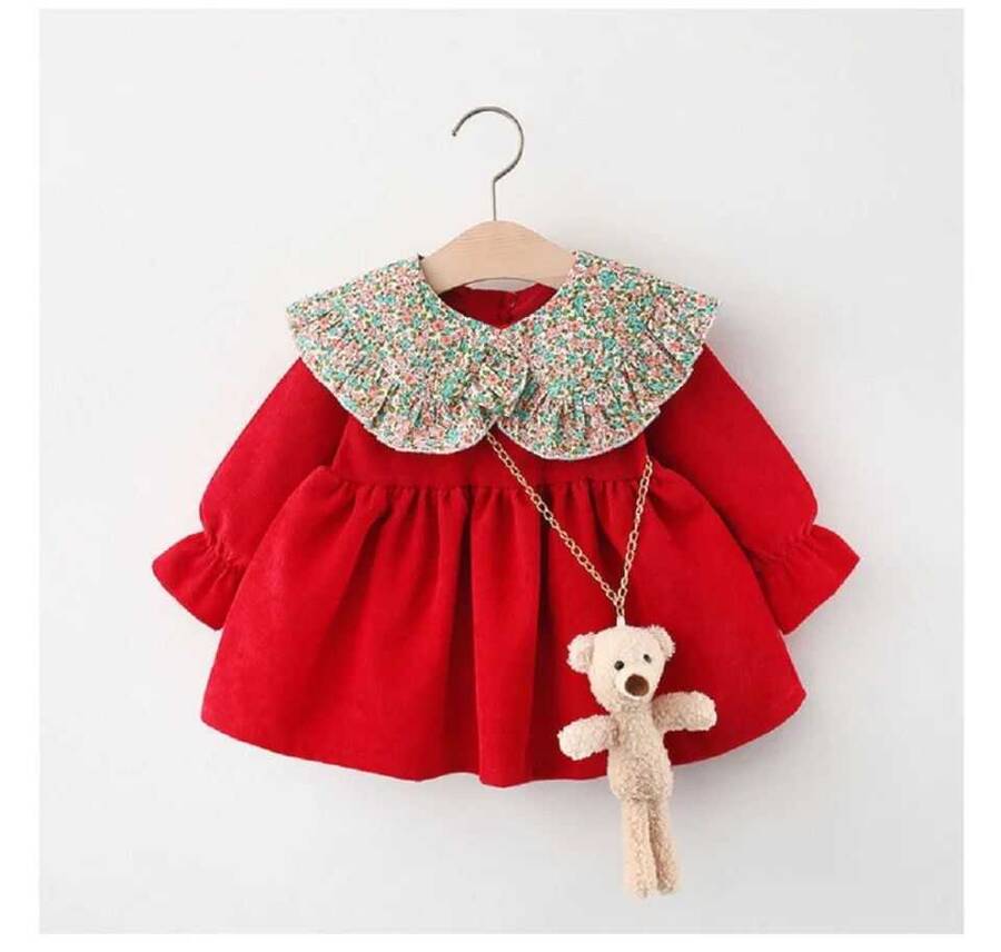 TEKLEME - Renkli Çiçek Yakalı Kırmızı Kadife Elbise