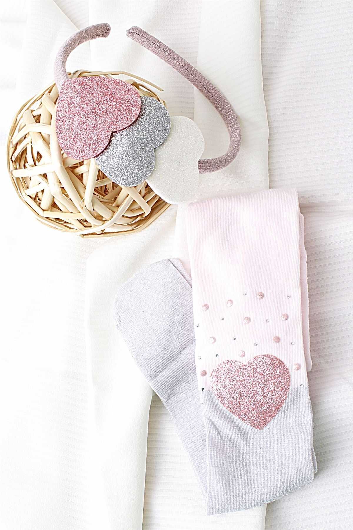 Pembe Kalpli Taç ve Pembe Kalp Detaylı Kız Çocuk Külotlu Çorap 2'li Set