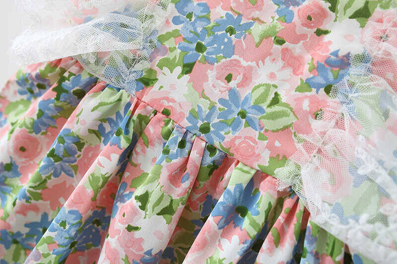 Pembe Mavi Çiçekli Elbise - Thumbnail