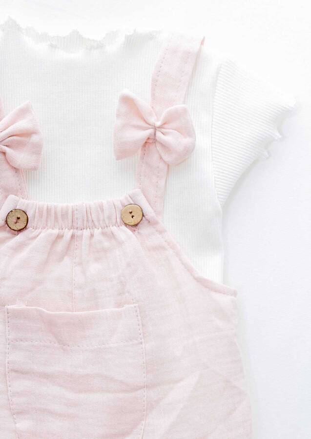 SSY22 - Pembe Müslin Tatlı Afacan Kız Çocuk Body ve Tulum 2'li Takım (1)