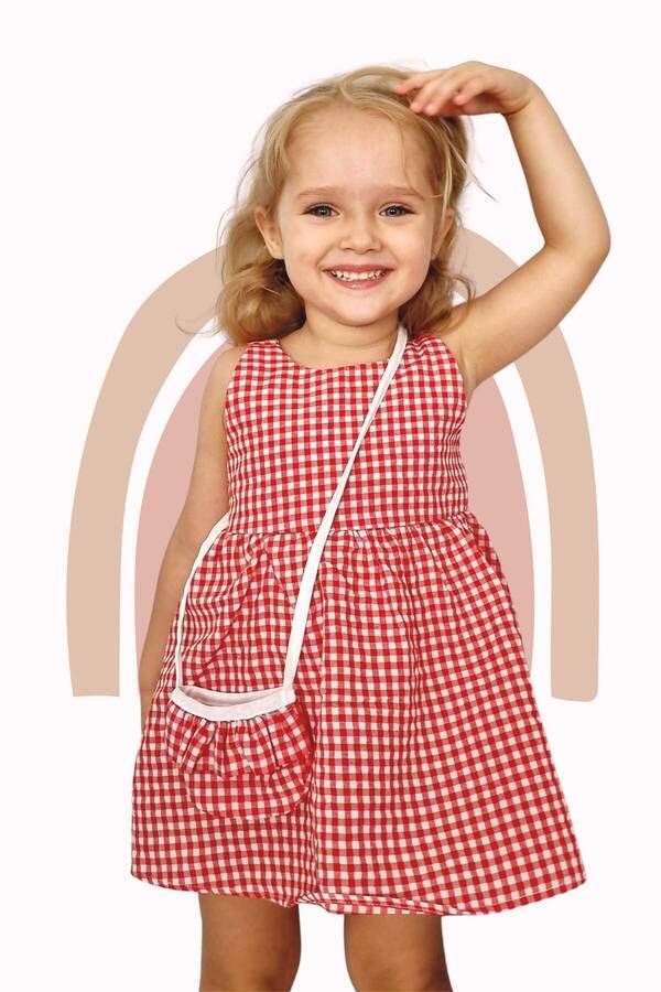 Kırmızı Pötikare Sırtı Fiyonklu Kız Çocuk Elbise ve Çanta 2'li Takım - Thumbnail