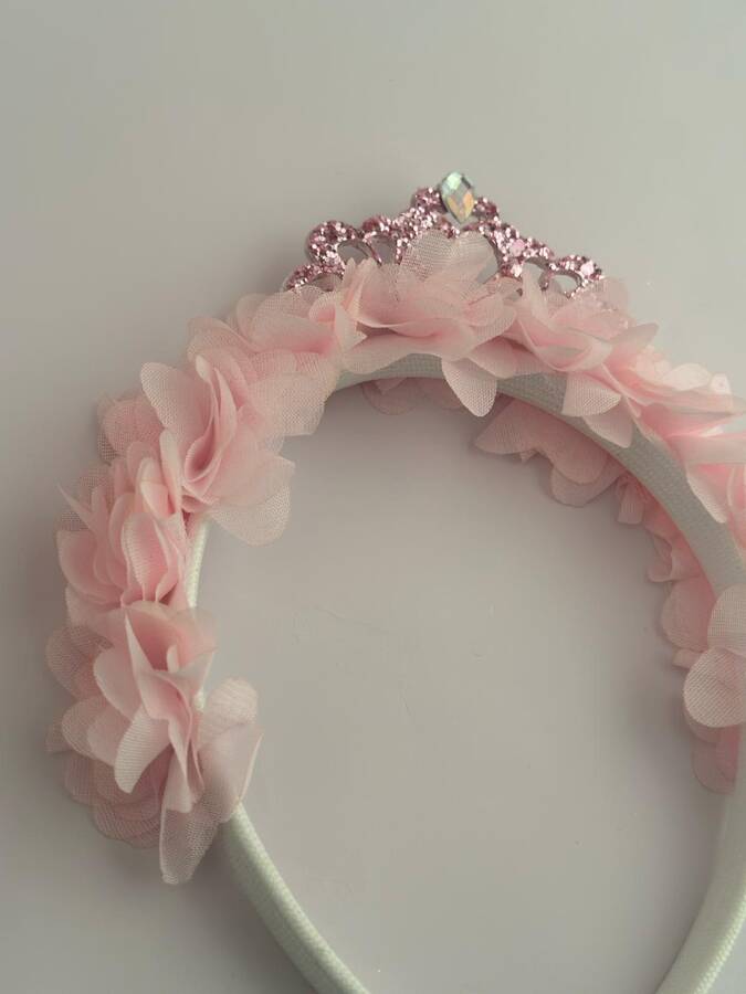 Pembe Tül Çiçekli Işıltılı Prenses Figürlü Taç - Thumbnail