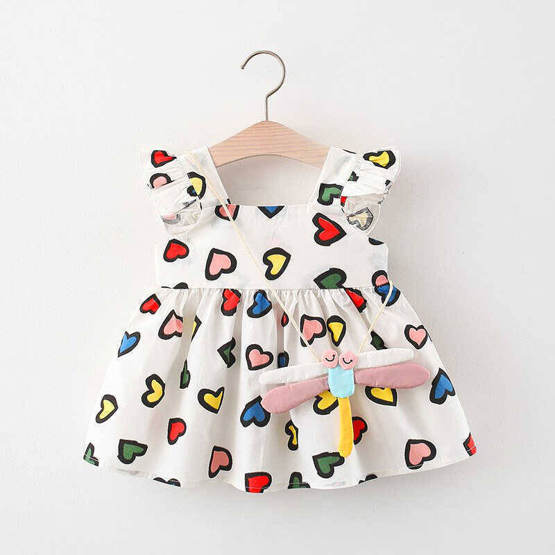 Renkli Kalp Desenli Beyaz Elbise ve Çanta 2'li Set - Thumbnail