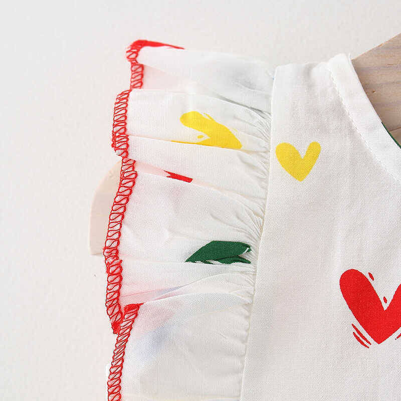 Renkli Kalp Desenli Fırfır Beyaz Elbise - Thumbnail