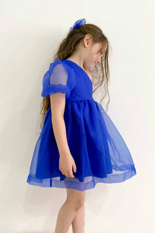 Saks Mavi ve Parıltılı Omzu Tül Organze Elbise - Thumbnail