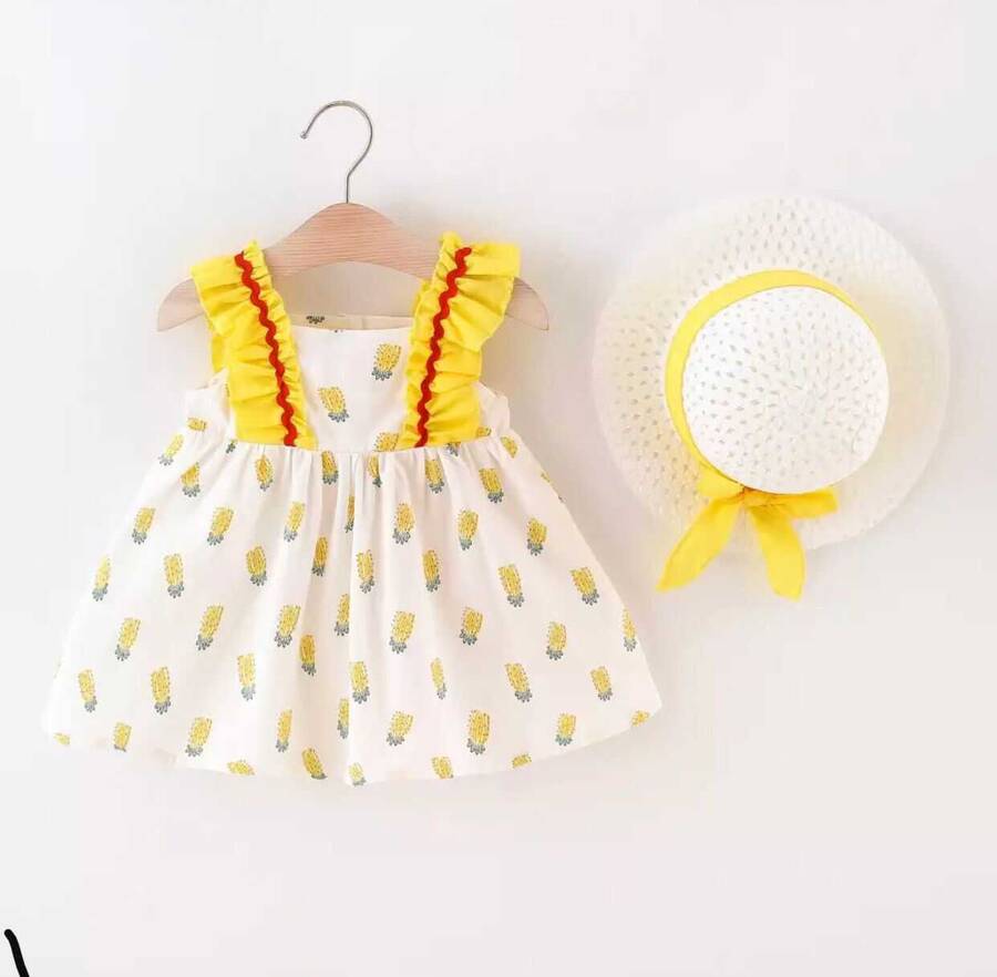 SUM21 - Sarı Ananas Desenli Elbise Ve Şapka 2'li Set