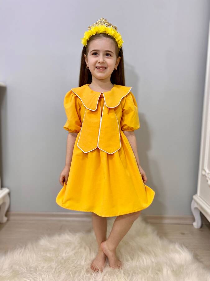 Sarı Bahriye Yaka Detaylı Fiyonk Kız Çocuk Elbise - Thumbnail