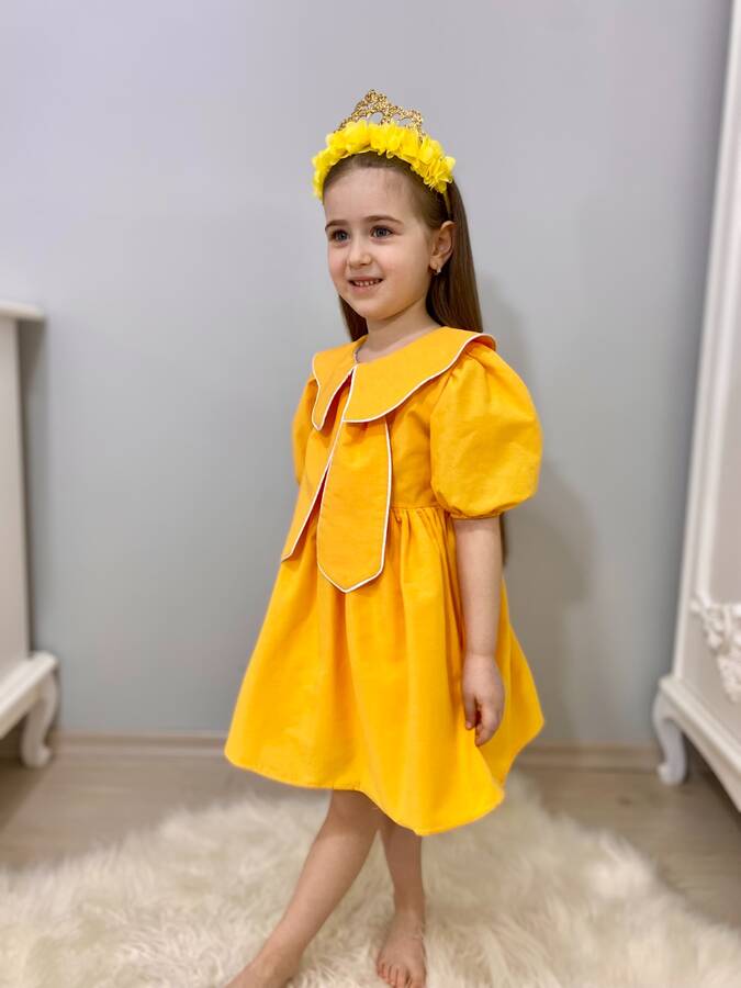 Sarı Bahriye Yaka Detaylı Fiyonk Kız Çocuk Elbise - Thumbnail