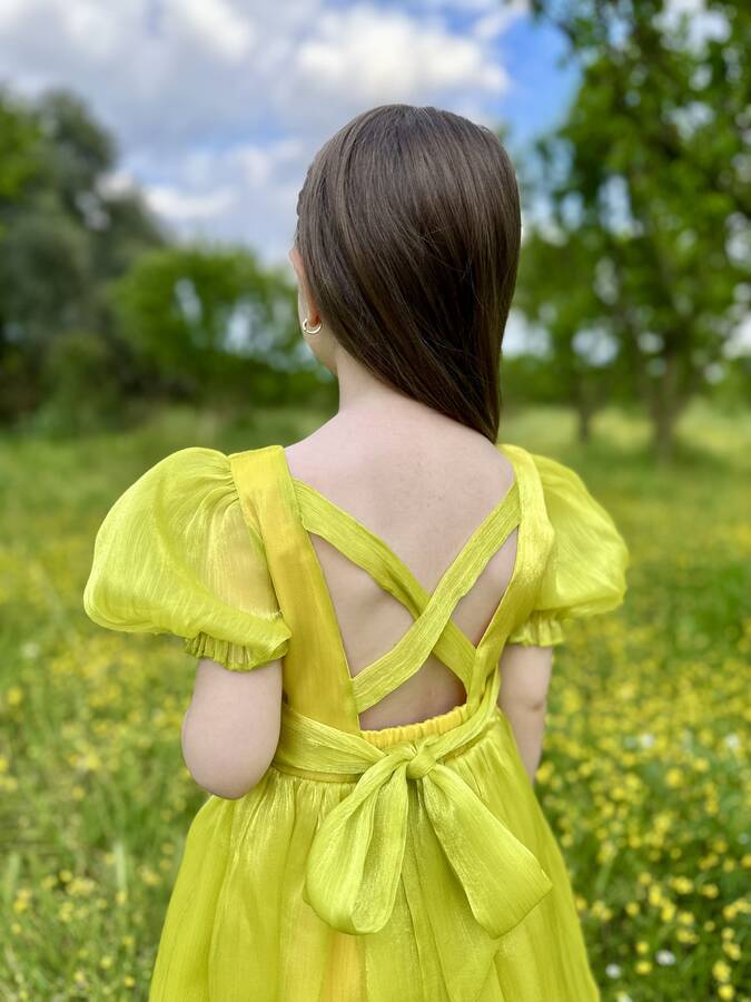 Sarı Janjan Organze Sırtı Çapraz Kız Çocuk Elbise - Thumbnail