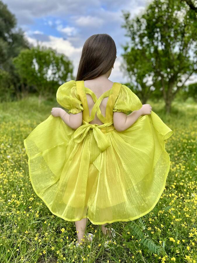 Sarı Janjan Organze Sırtı Çapraz Kız Çocuk Elbise - Thumbnail