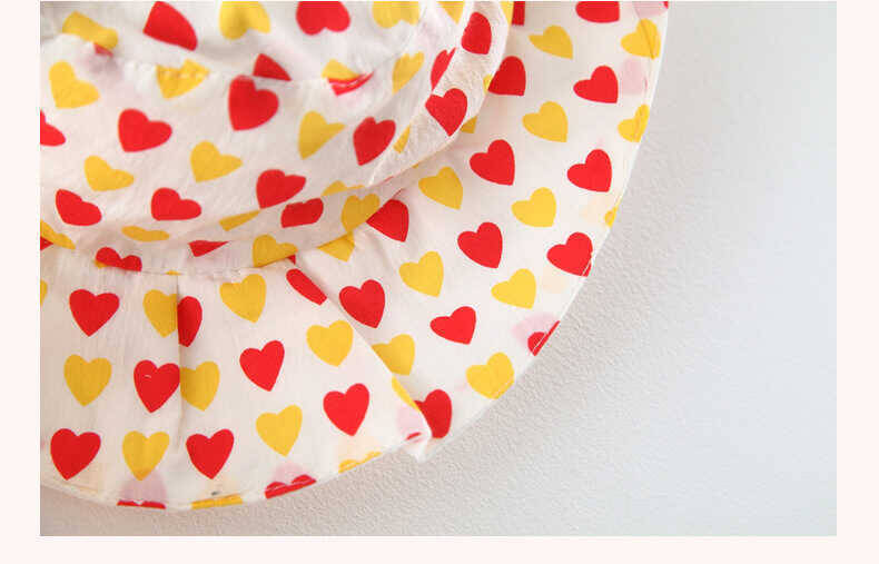 Sarı Kalp Desenli Fiyonklu Elbise Ve Şapka 2'li Set - Thumbnail