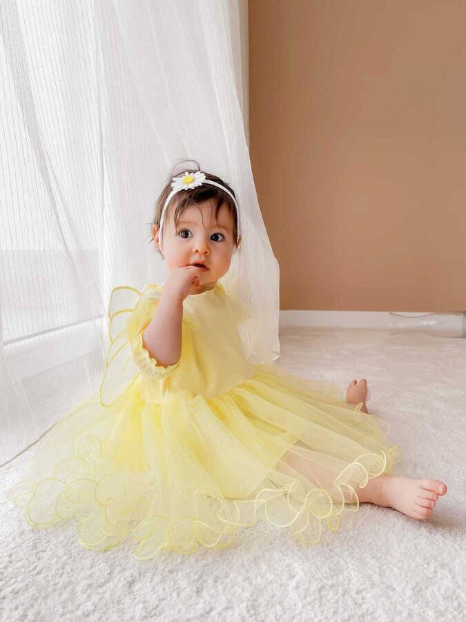 Sarı Kanat Kısa Kol Kız Çocuk Elbise - Thumbnail