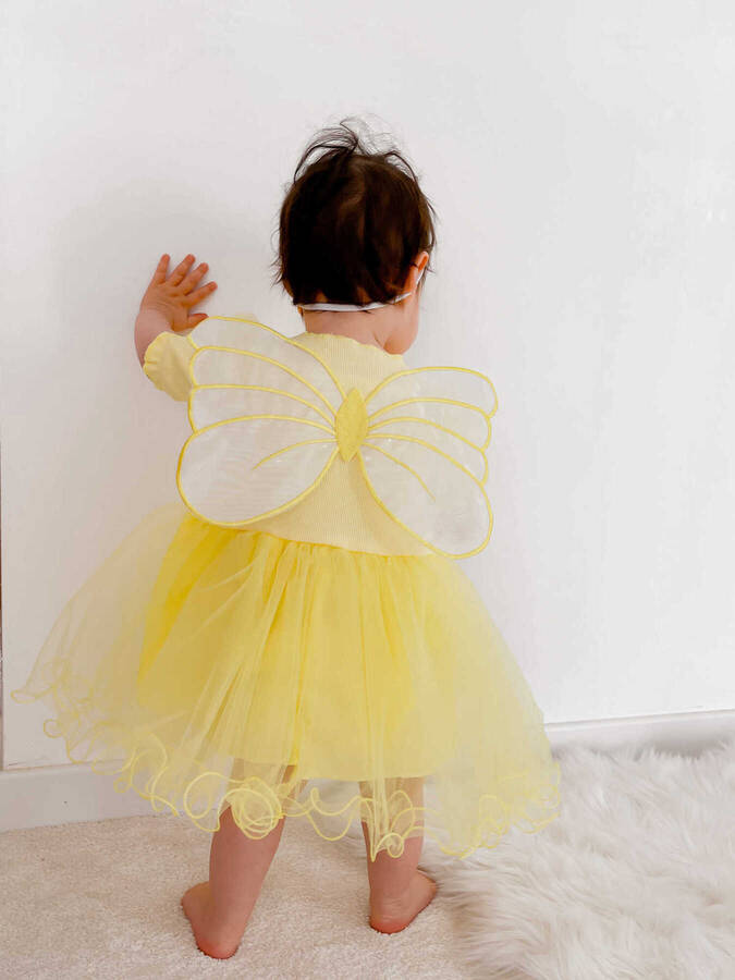 Sarı Kanat Kısa Kol Kız Çocuk Elbise - Thumbnail