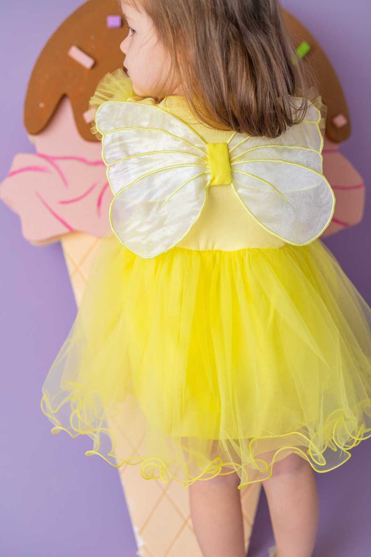 Sarı Kanatlı Kız Çocuk Elbise