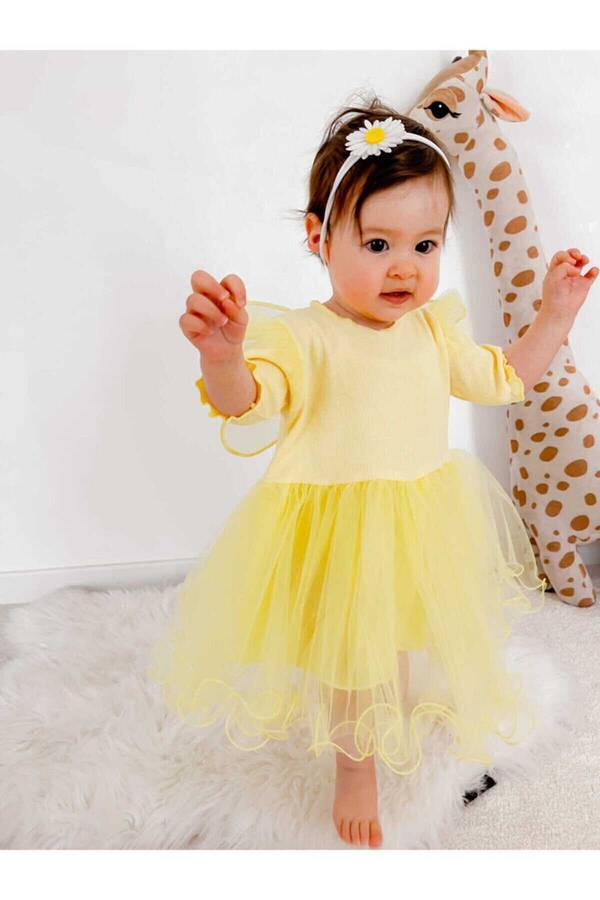 Sarı Kısa Kol Kanat Kız Çocuk Elbise - Thumbnail