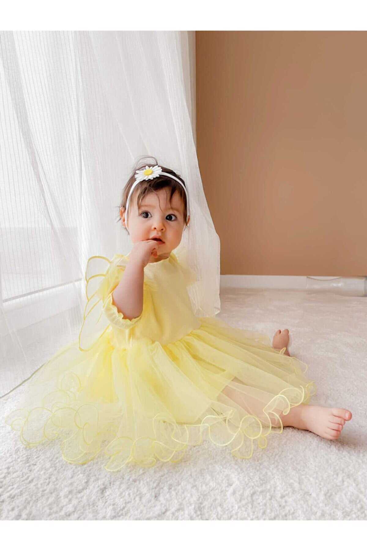 Sarı Kısa Kol Kanat Kız Çocuk Elbise