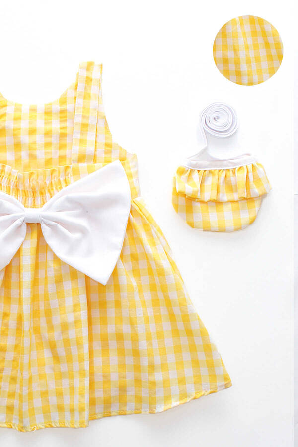 Sarı Pötikare Sırtı Fiyonklu Kız Çocuk Elbise ve Çanta 2'li Takım - Thumbnail