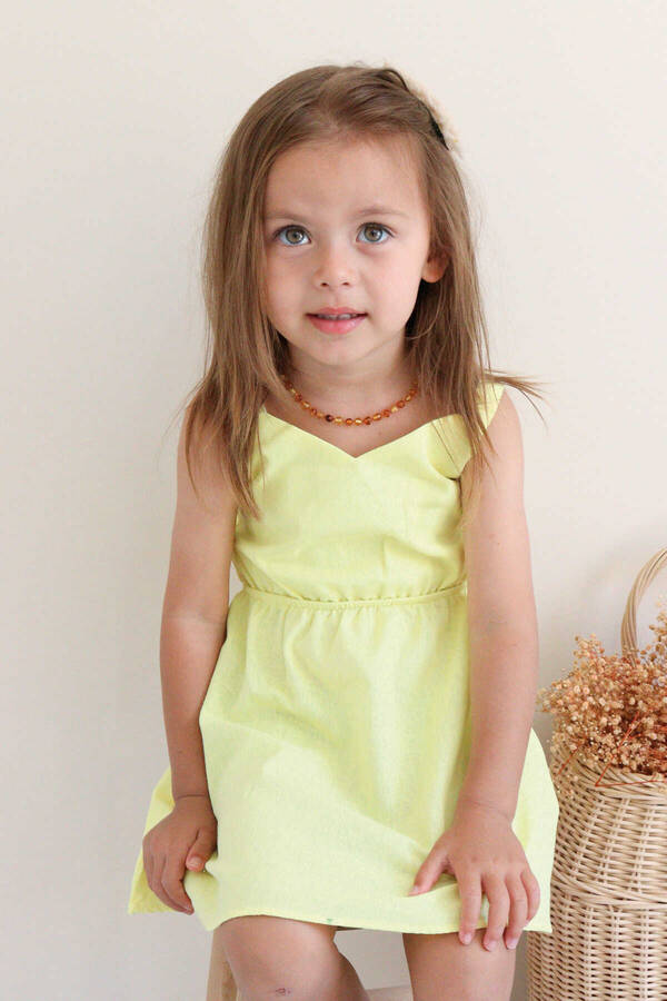 Sarı Sırtı Fiyonklu Kız Çocuk Elbise - Thumbnail