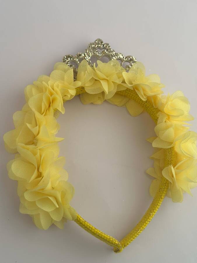 Tracc - Sarı Tül Çiçekli Işıltılı Prenses Figürlü Taç