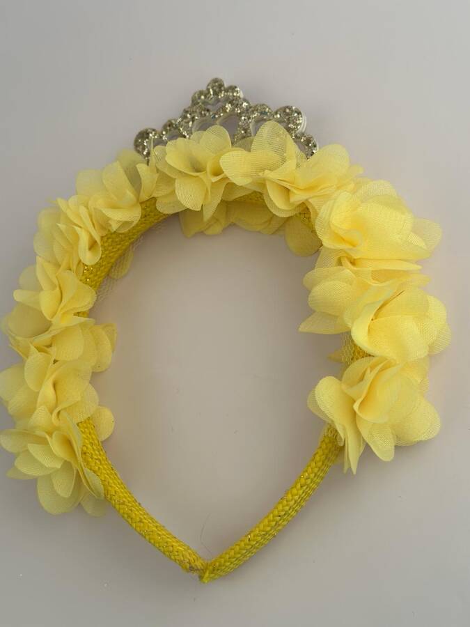 Tracc - Sarı Tül Çiçekli Işıltılı Prenses Figürlü Taç (1)
