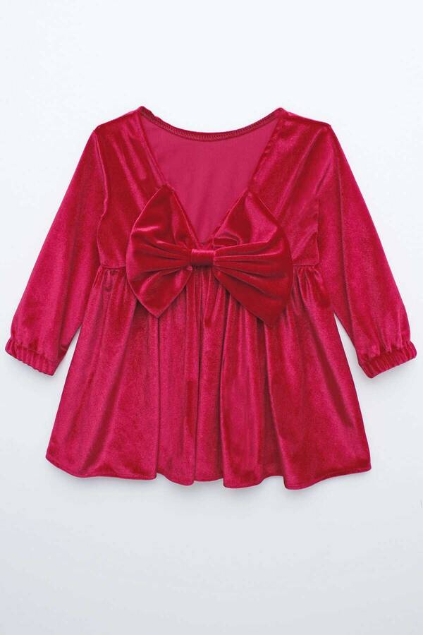 FW21 - Sırtı Fiyonk Detaylı Simli Parlak Kırmızı Kadife Kız Çocuk Elbise