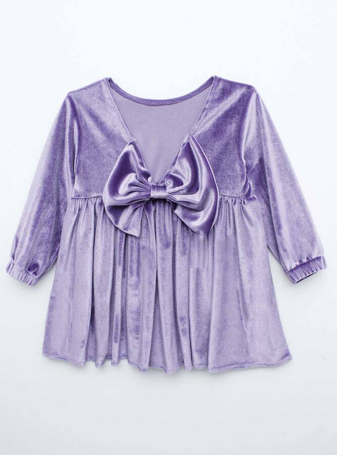 FW21 - Sırtı Fiyonk Detaylı Simli Parlak Lila Kadife Kız Çocuk Elbise
