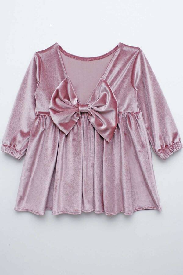 FW21 - Sırtı Fiyonk Detaylı Simli Parlak Pembe Kadife Kız Çocuk Elbise