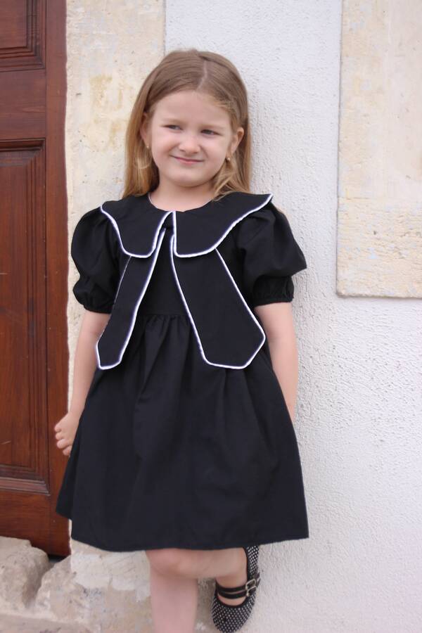 Siyah Bahriye Yaka Detaylı Fiyonk Kız Çocuk Elbise - Thumbnail
