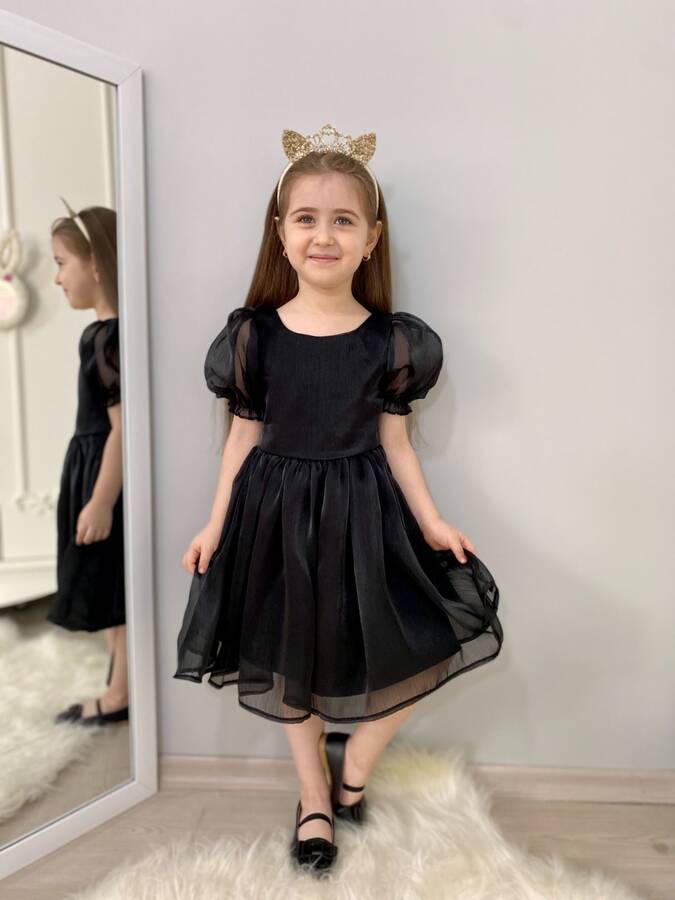 Siyah Janjan Organze Sırt Çapraz Kız Çocuk Elbise - Thumbnail