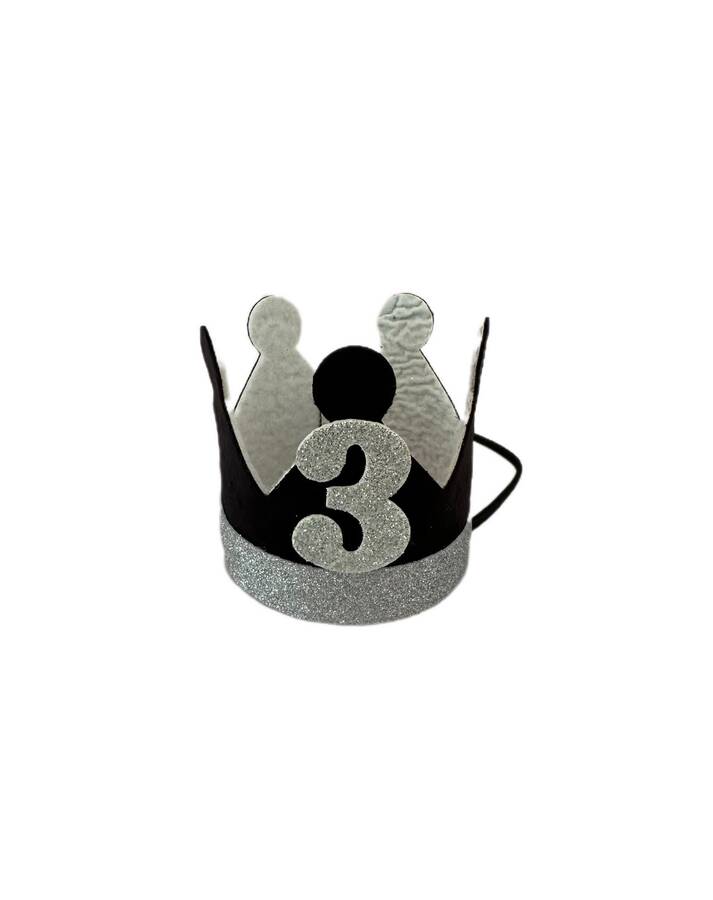Tracc - Siyah Süet Kaplamalı Simli Gümüş Rakamlı 3 Yaş Kral Doğum günü Tacı