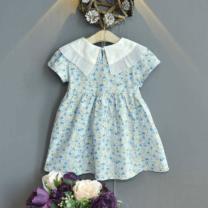 Tül Yaka Detaylı Mavi Çiçek Elbise - Thumbnail