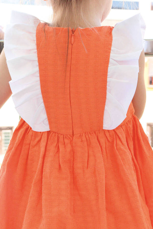Turuncu Fırfırlı ve Cep Detaylı Kız Çocuk Elbise - Thumbnail
