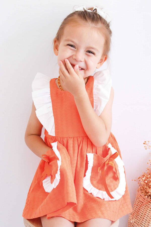 SSY22 - Turuncu Fırfırlı ve Cep Detaylı Kız Çocuk Elbise