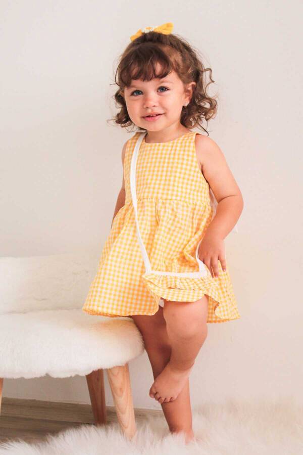 Sarı Mini Pötikare Sırtı Fiyonklu Kız Çocuk Elbise ve Çanta 2'li Takım - Thumbnail