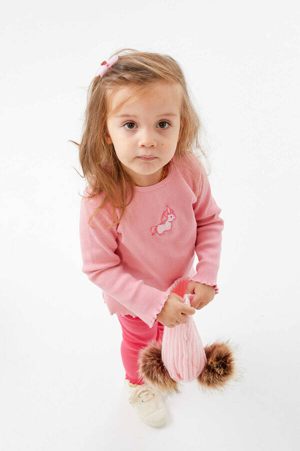 FW21 - Unicorn İşlemeli Kaşkorse Fitilli Pembe Sweatshirt ve Tayt 2'li Takım (1)