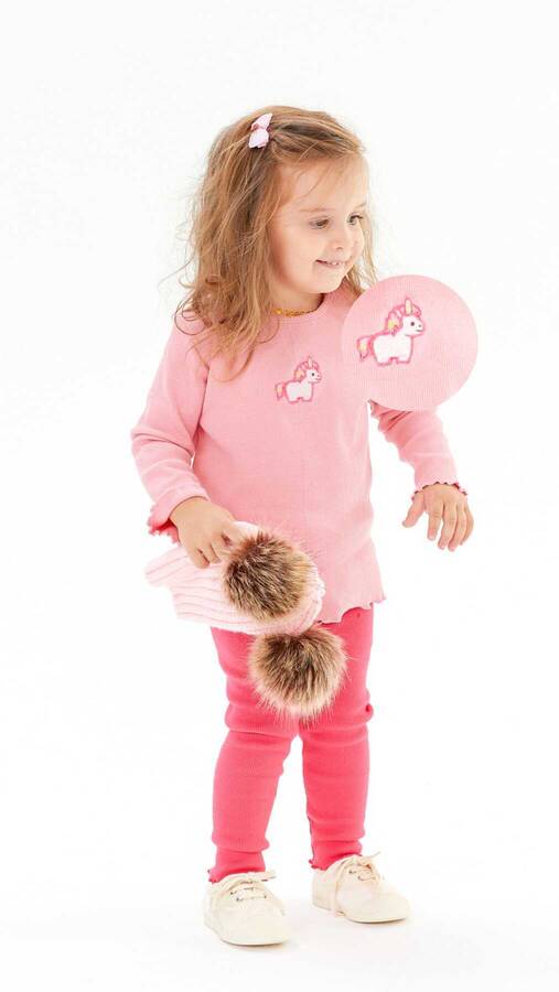 FW21 - Unicorn İşlemeli Kaşkorse Fitilli Pembe Sweatshirt ve Tayt 2'li Takım