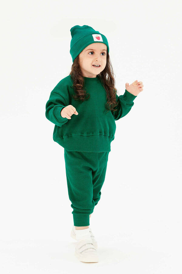 Yeşil Oversize Çocuk Sweatshirt ve Pantolon Kaşkorse Fitilli İkili Takım - Thumbnail
